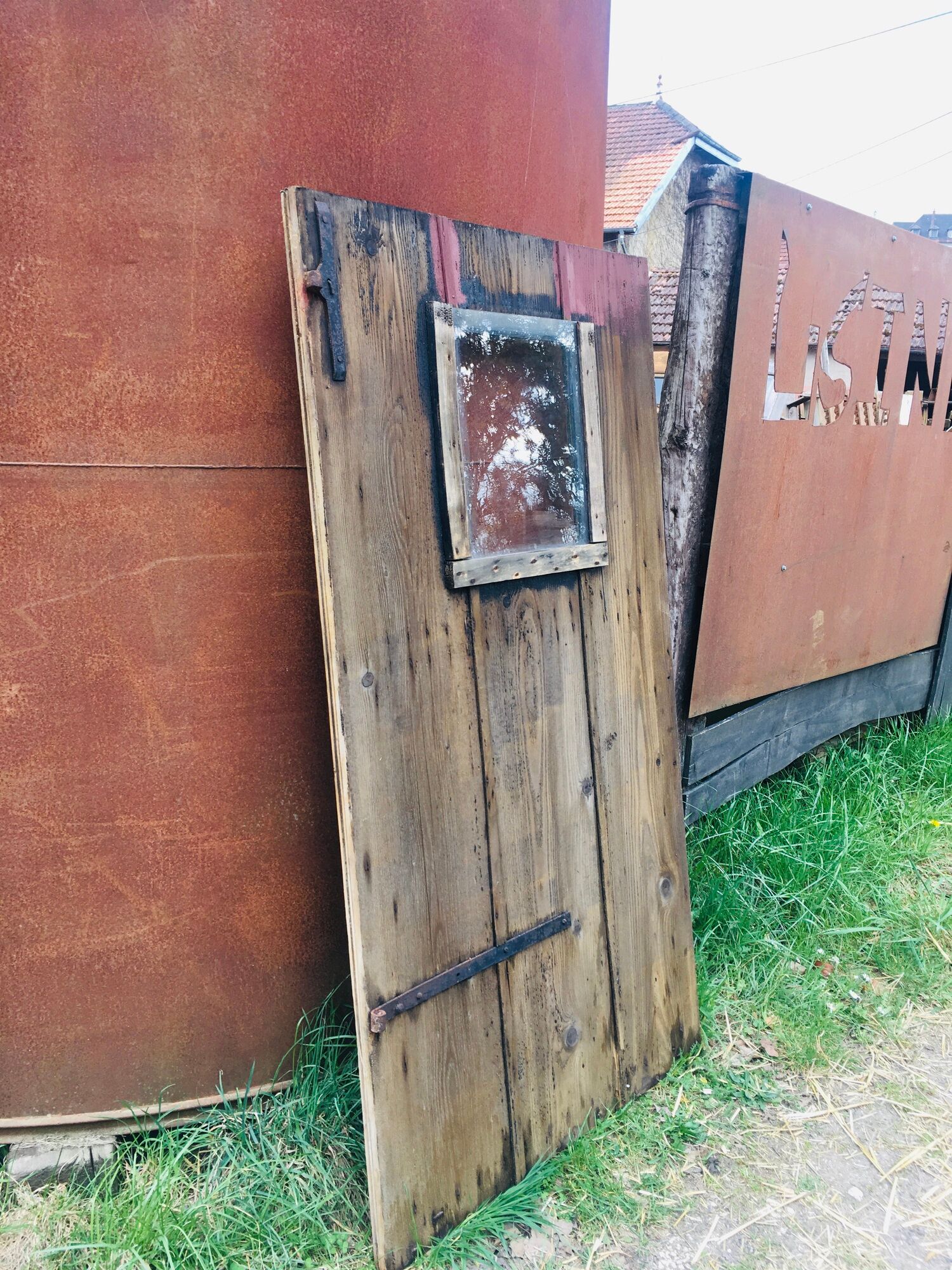 Old wooden door fir look barnwood with window 1800s