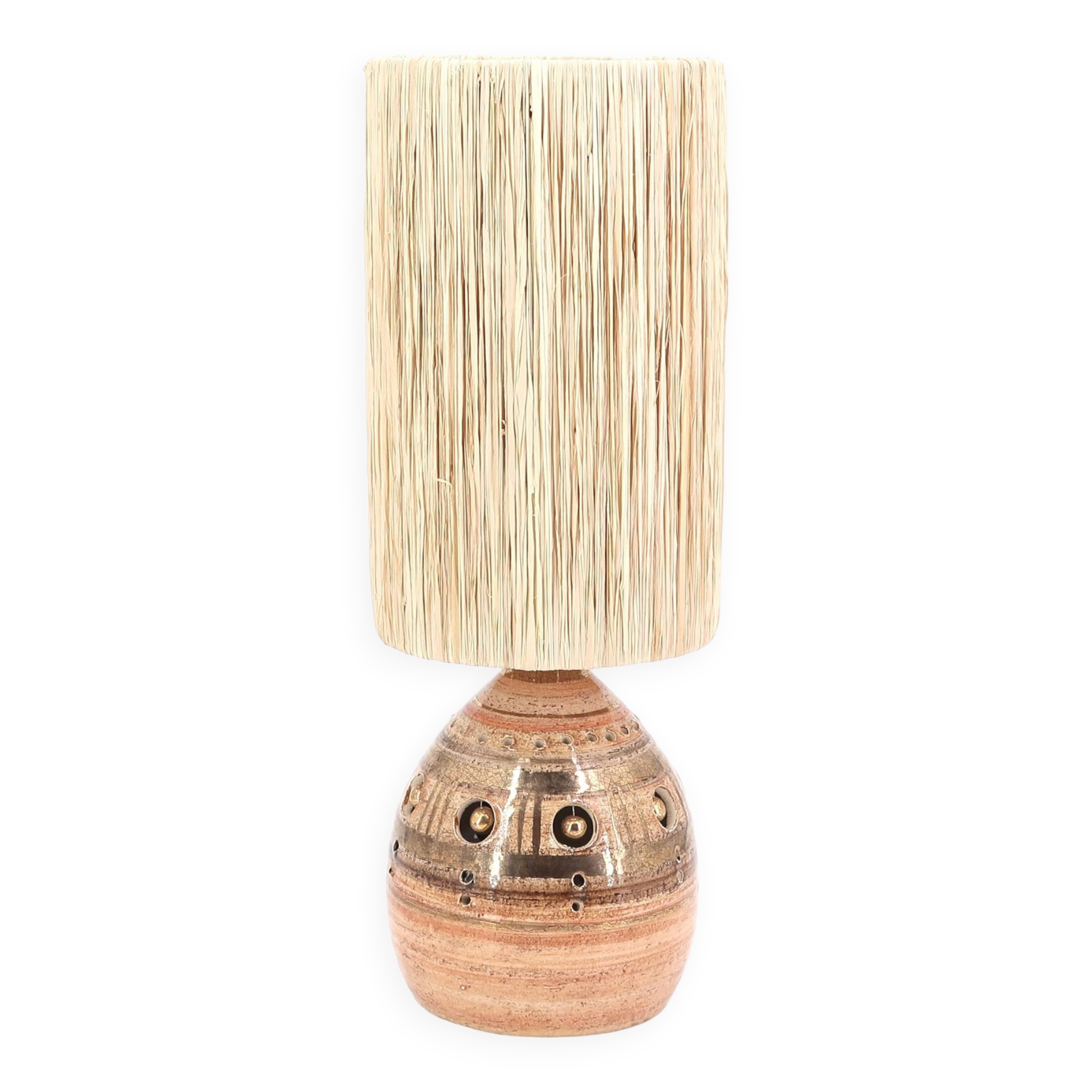 Ceramic lamp by Georges Pelletier, raffia lampshade