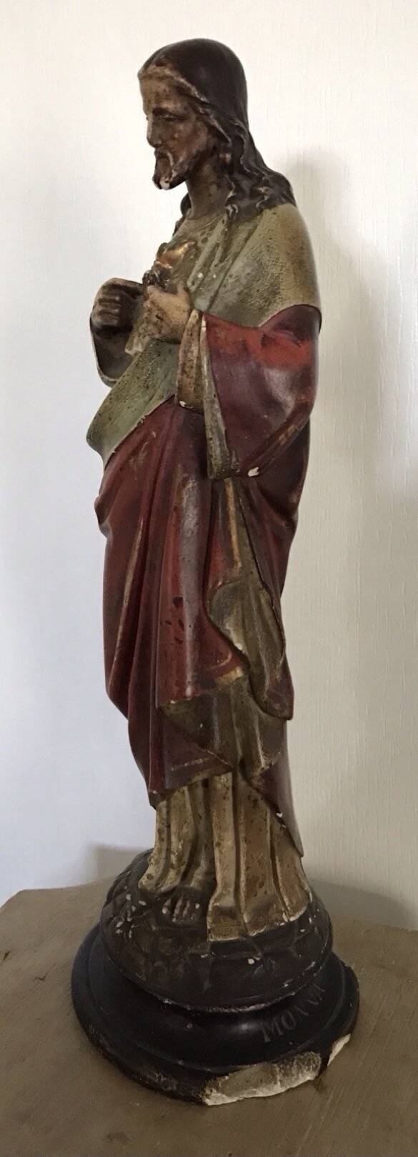 SACRED HEART of Jesus, polychrome plaster religious statue signed 19th century.