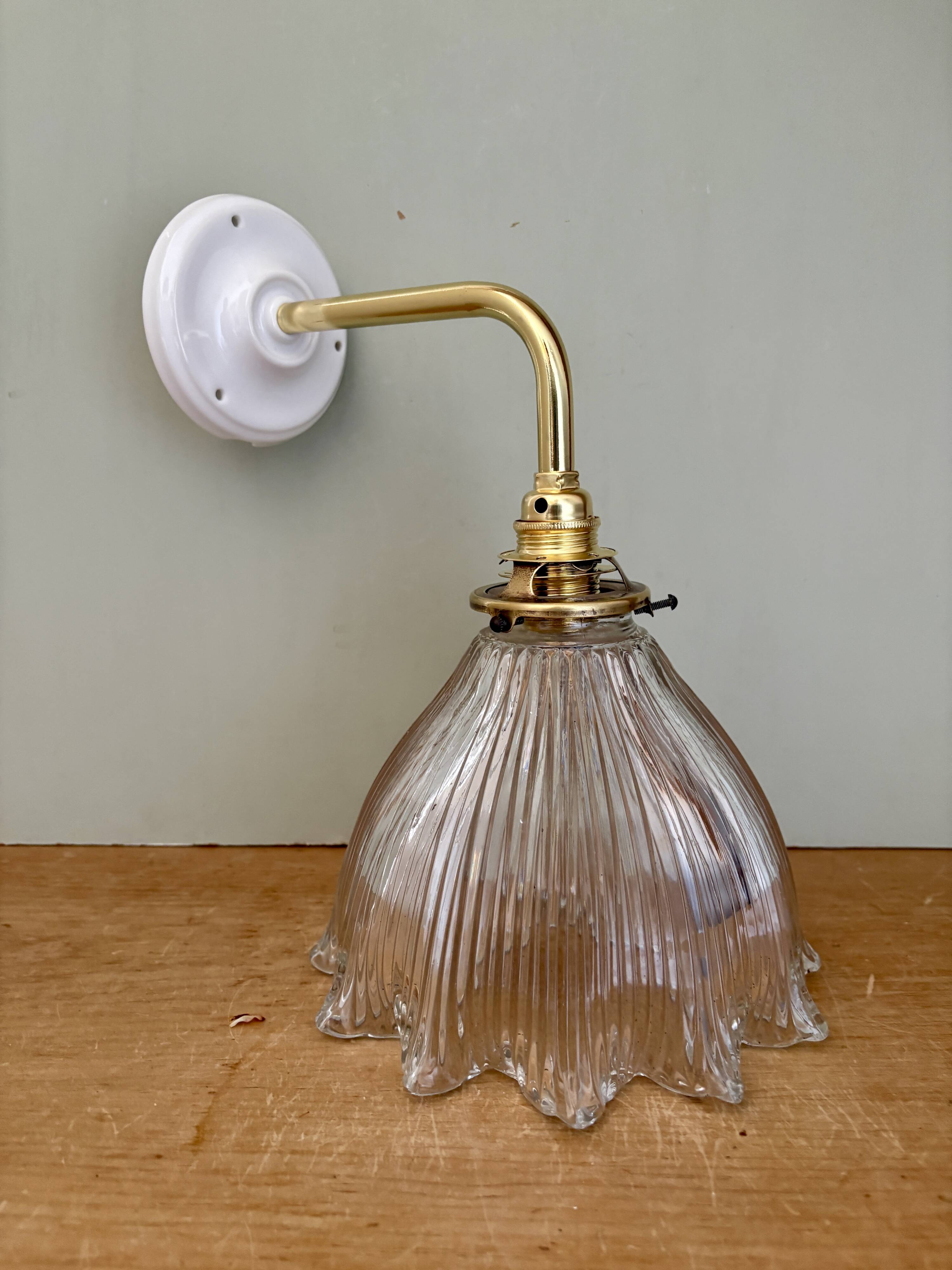 Elbow wall lamp with vintage holophane glass shade