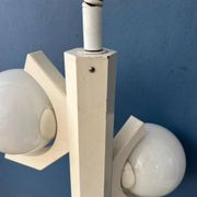 Mid-century white suspension with a bony design and opaline glass shade.