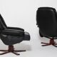 Pair of Danish black leather recliner swivel chairs by Hjort Knudsen
