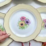 6 vintage porcelain dinner plates with white and golden yellow floral pattern L'Amandinoise "Coopélia" - Vintage floral tableware