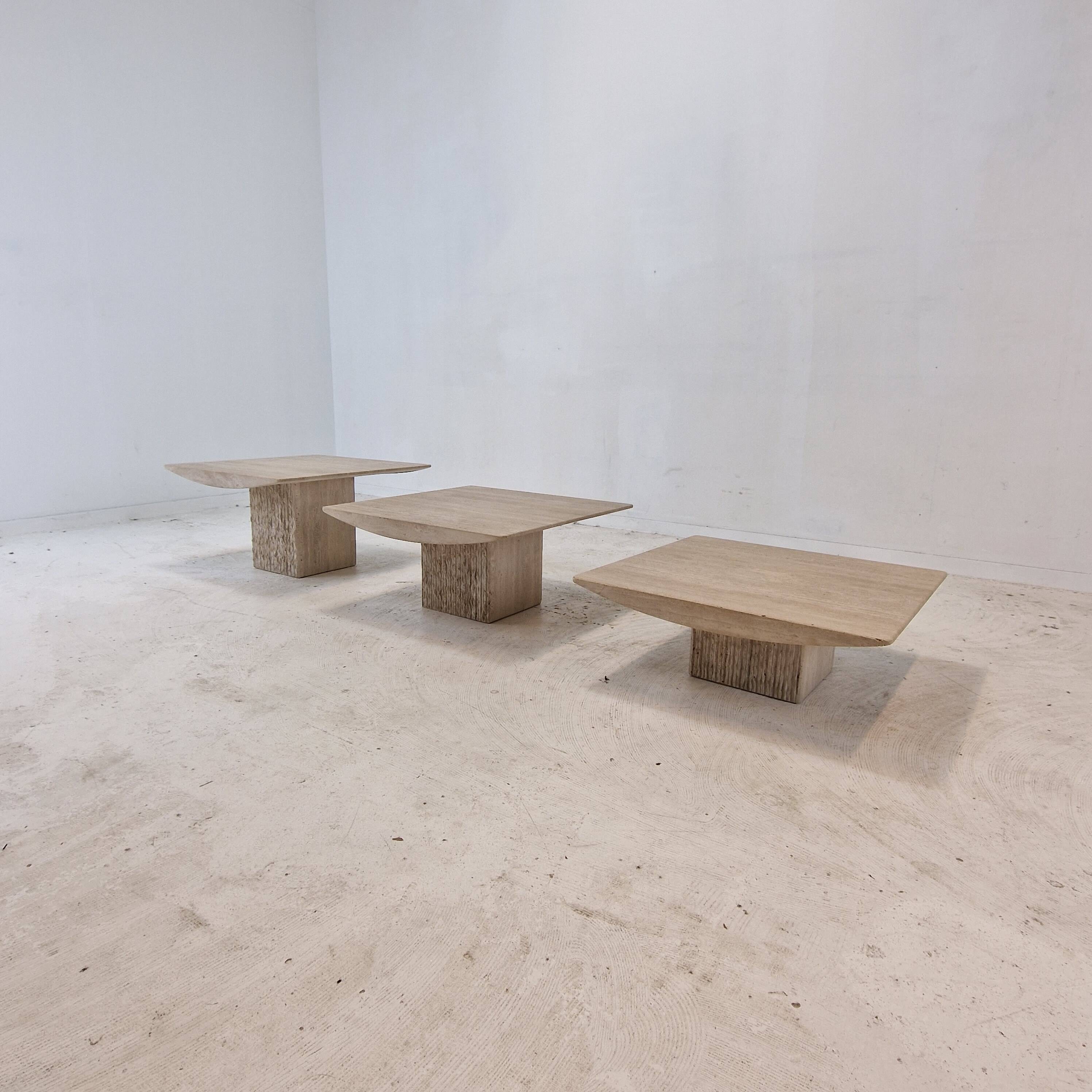 Set of 3 Italian Travertine Coffee or Side Tables, 1980s