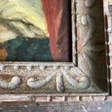 Painting, Odalisque with red curtain oil on wood around 1950