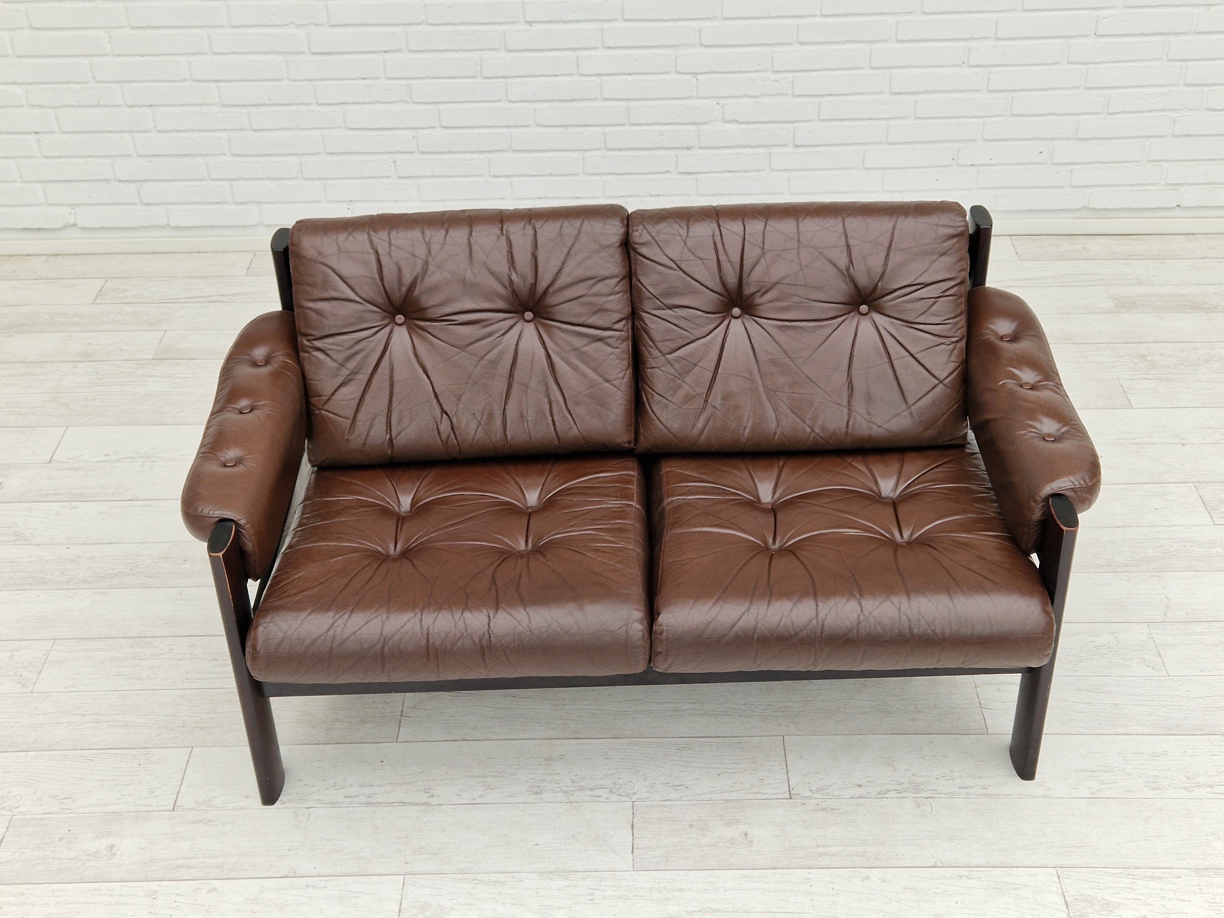 Scandinavian 2-seater sofa, original brown leather, 70s