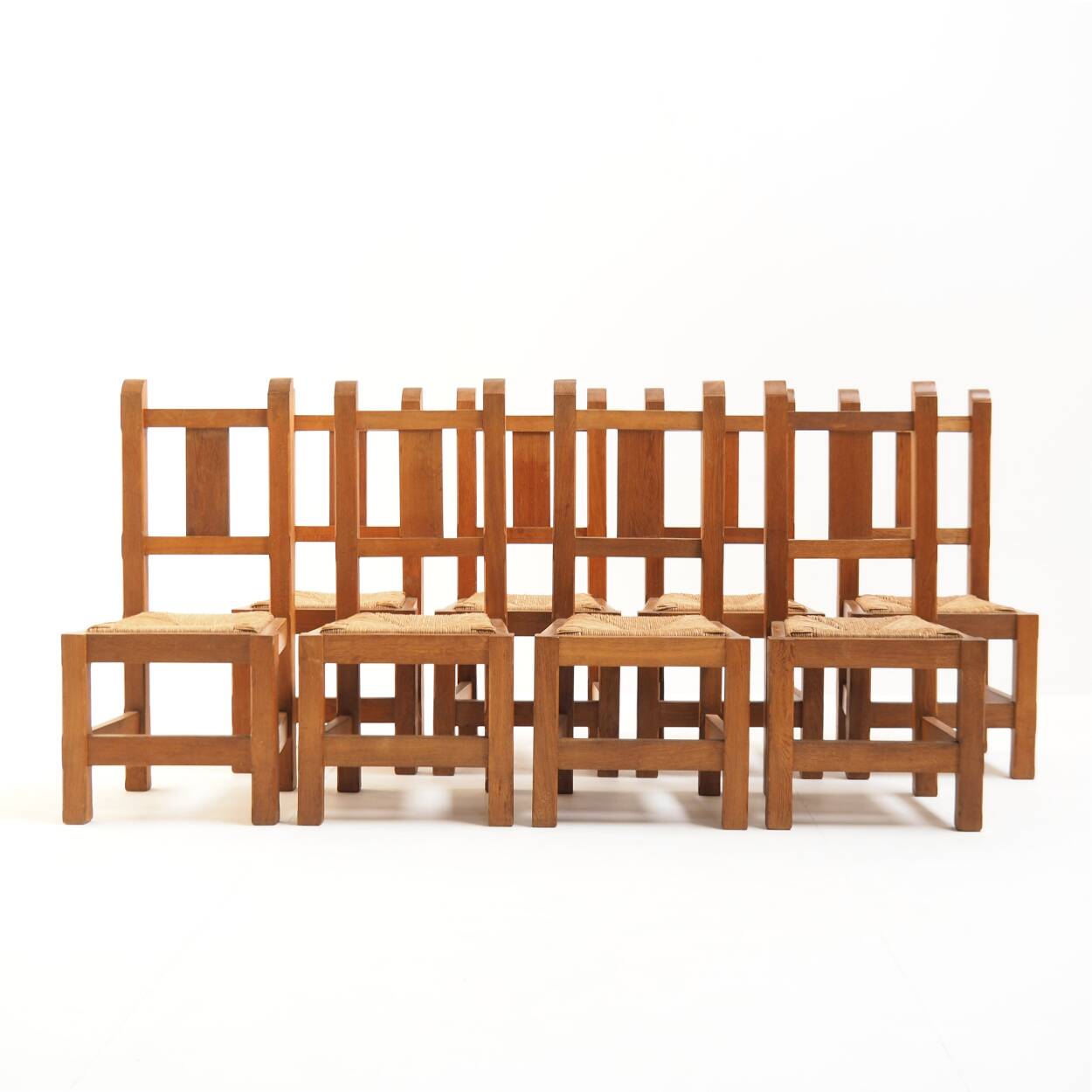 Set of Eight Handmade Solid Oak Chairs, 1970s