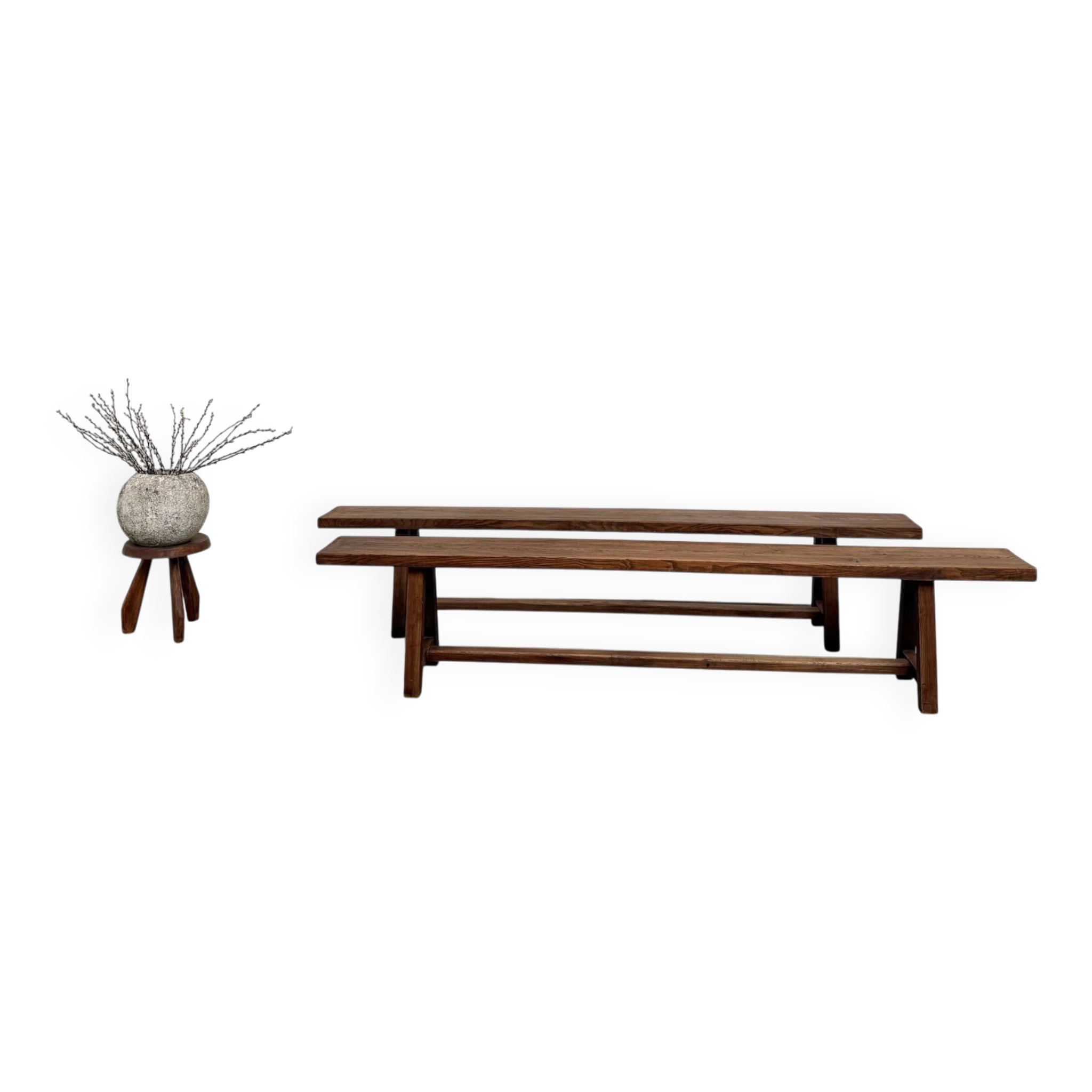 Pair of XL size benches in solid oak, 1950s.