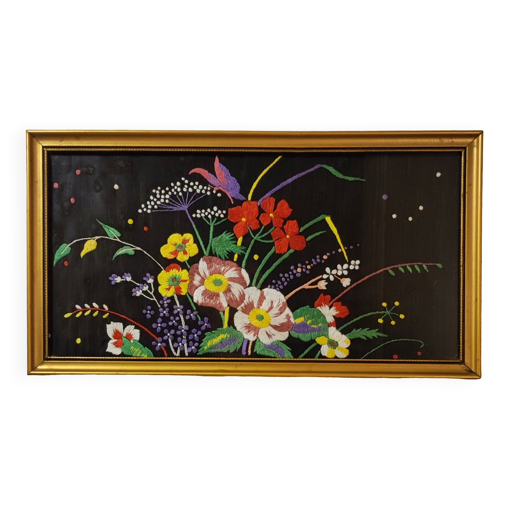 Floral embroidery on black silk framed 1950