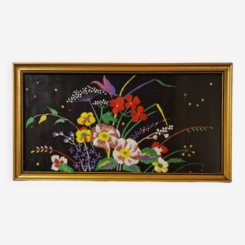 Floral embroidery on black silk framed 1950