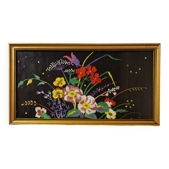 Floral embroidery on black silk framed 1950