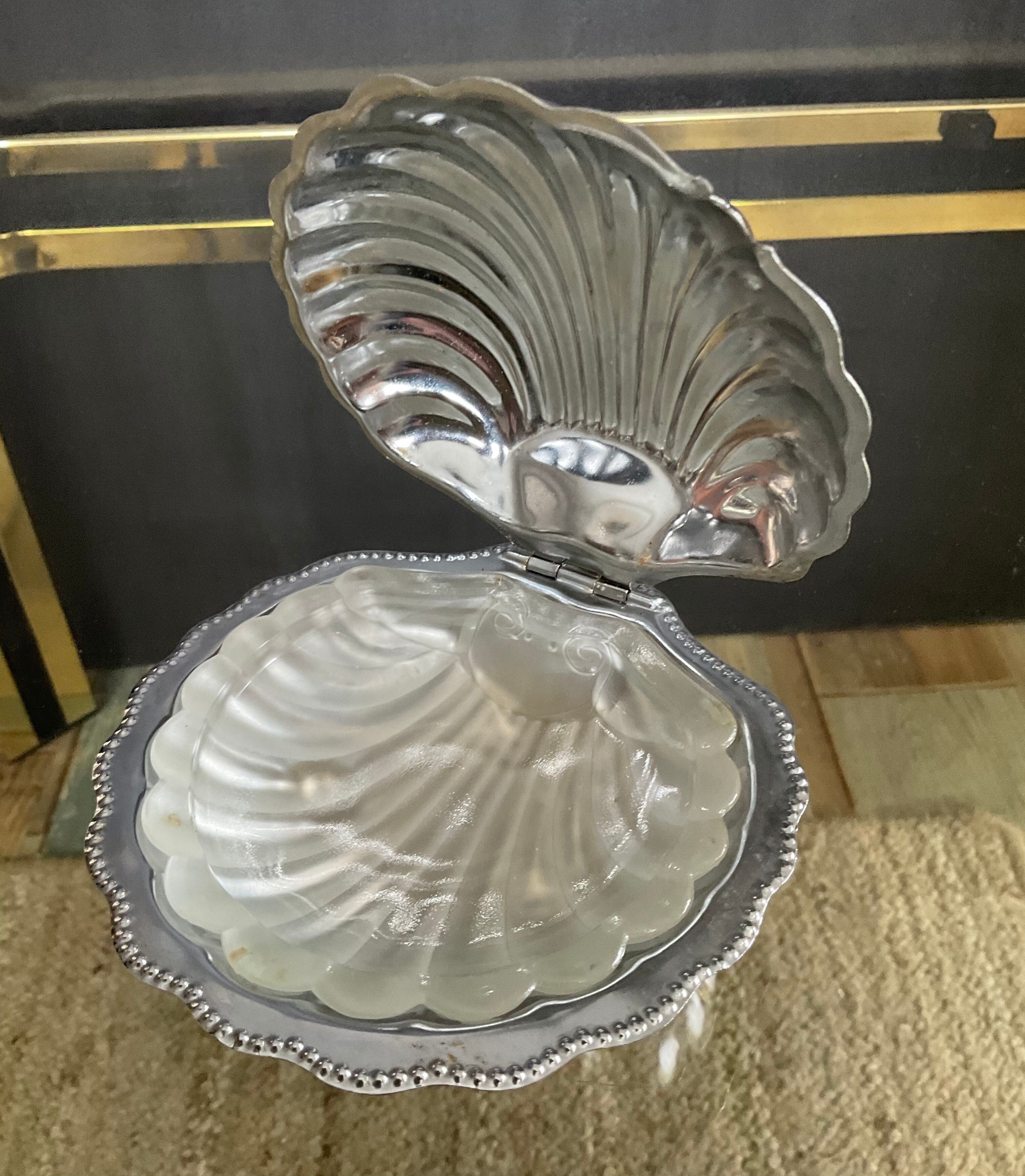 Vintage shell butter dish in glass and stainless steel