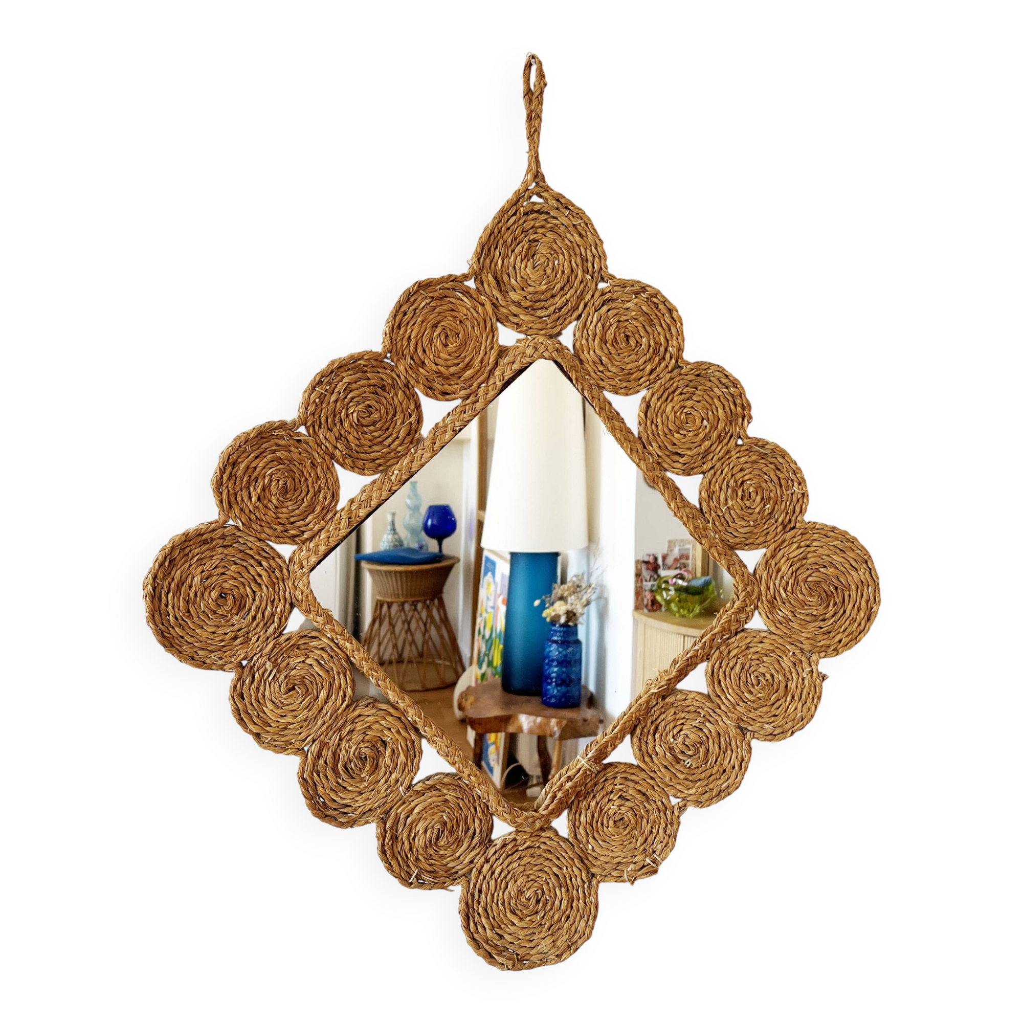 Vintage 1960s braided raffia mirror