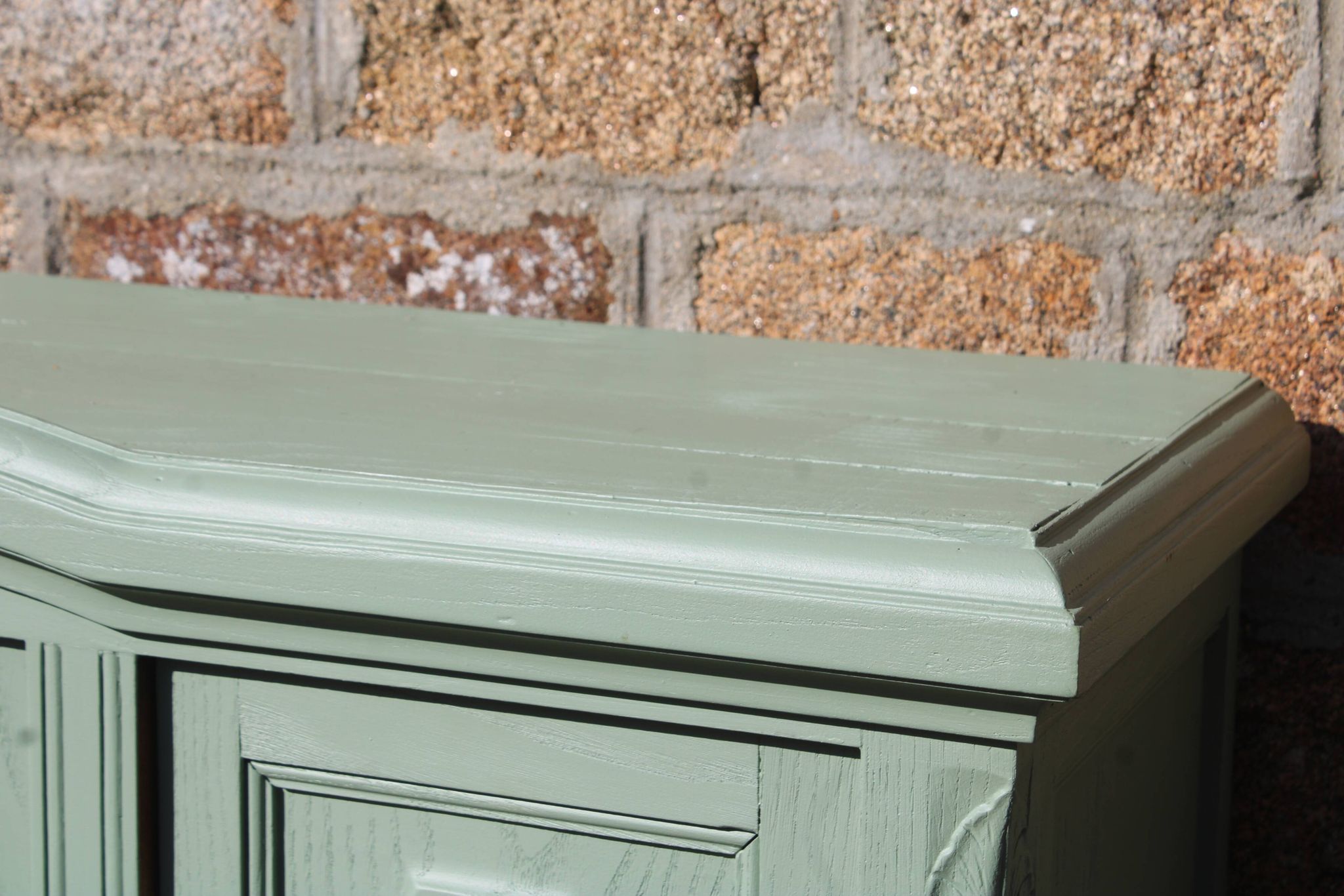 Renovated vintage sage green enfilade – wooden legs & bevelled display cabinets