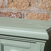 Renovated vintage sage green enfilade – wooden legs & bevelled display cabinets