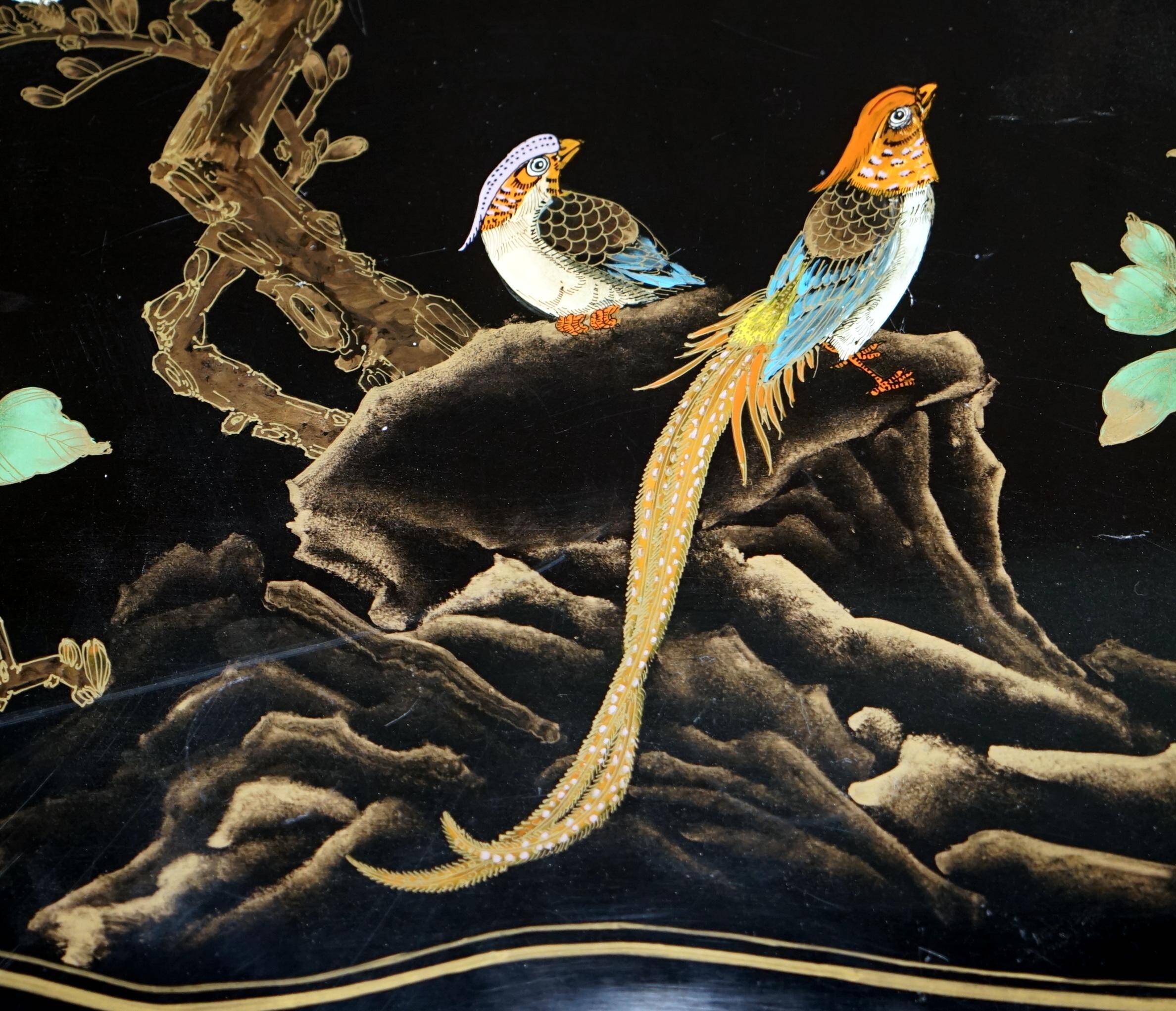 Bureau d'écriture vintage peint polychrome laqué noir avec oiseaux et fleurs