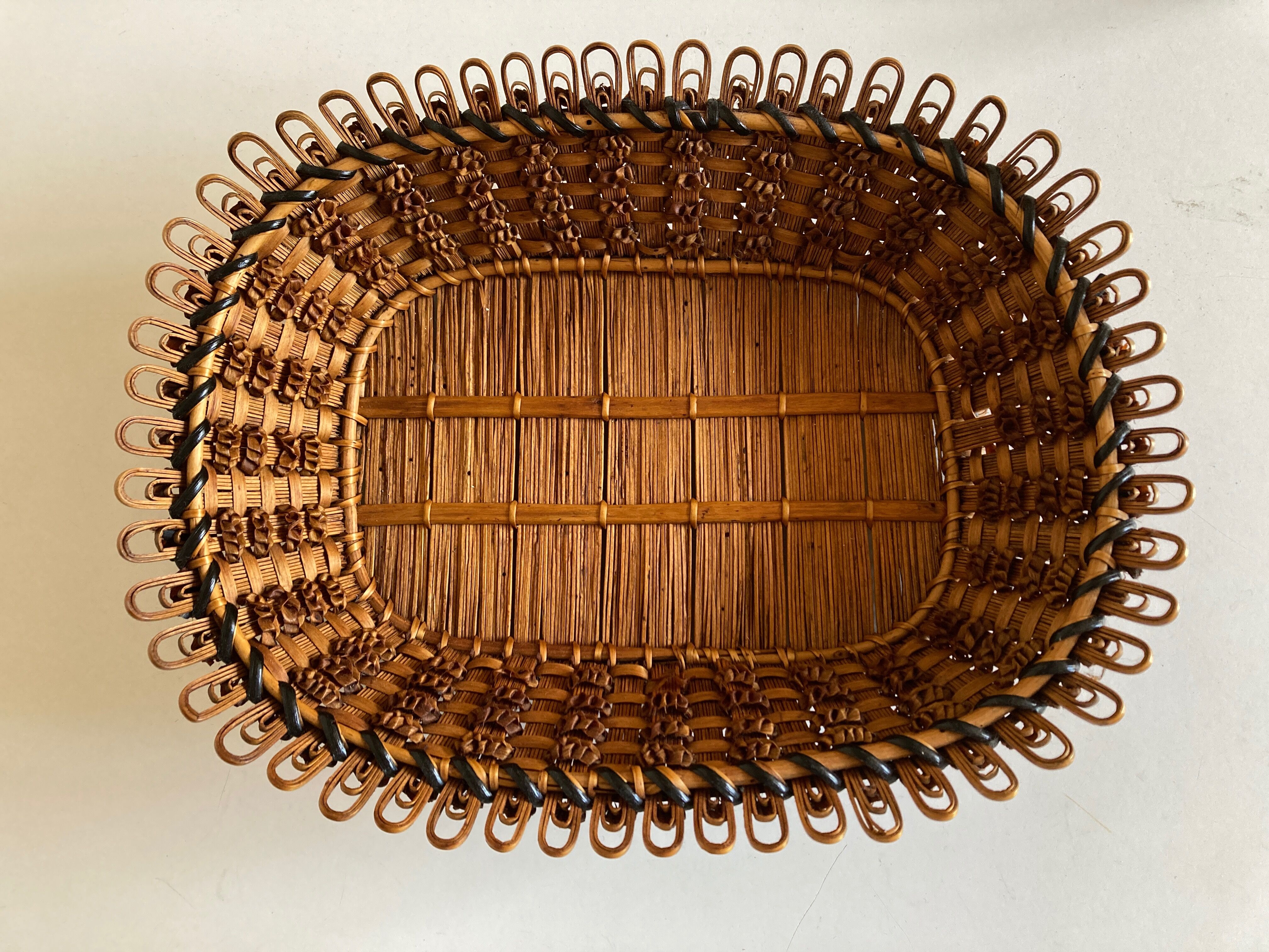 19th-century wicker basket embroidered by folk artisans.