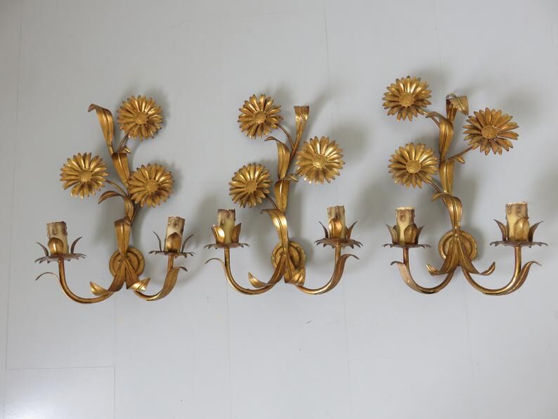 Series of 3 flower appliques "sunflowers" in 70s gold metal