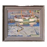 Mid-century modern "the dock" swedish seascape oil painting, framed