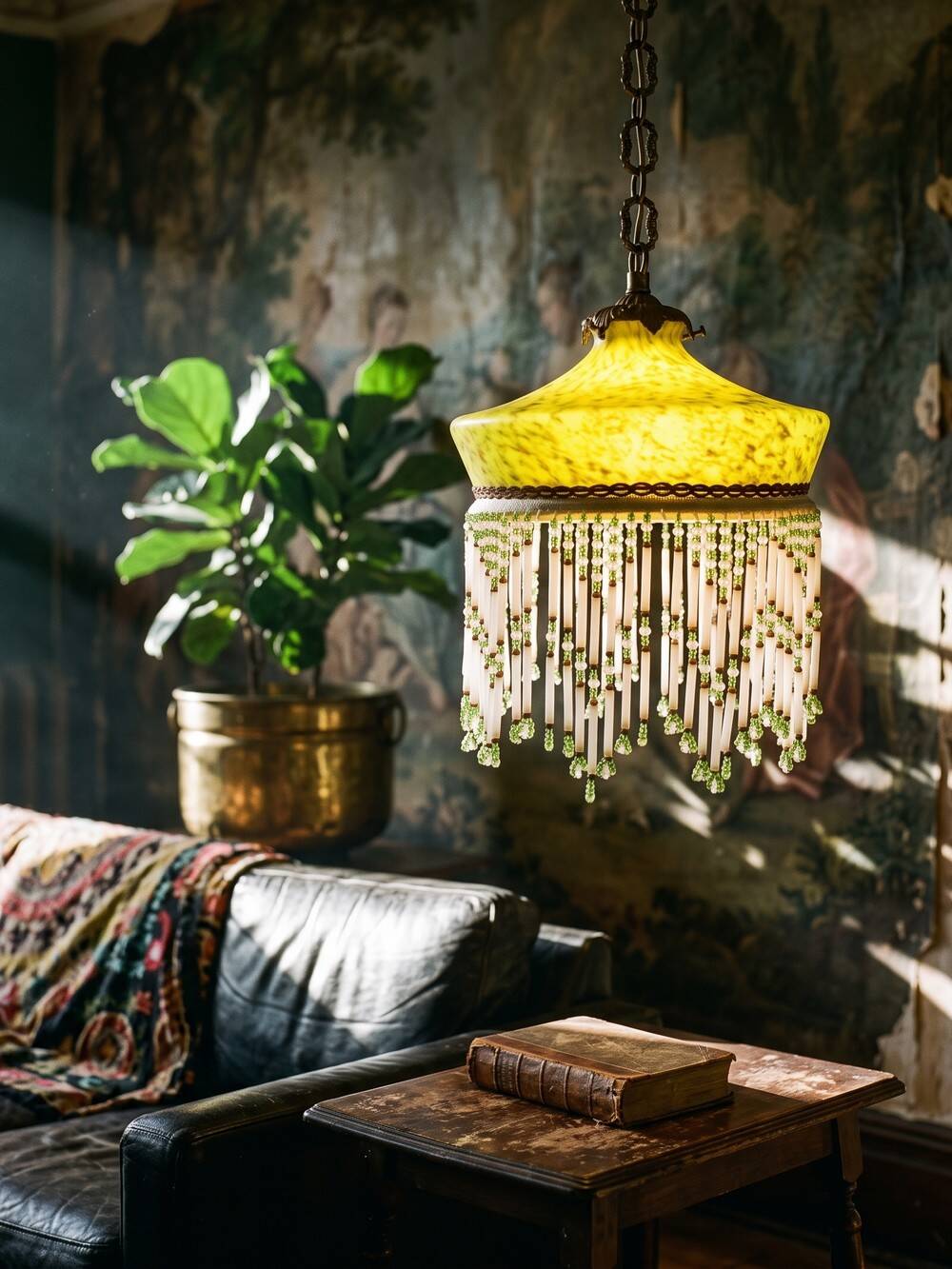Antique Art Deco lampshade in yellow marbled glass with bead fringes.