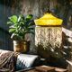 Antique Art Deco lampshade in yellow marbled glass with bead fringes.
