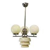 Chandelier en verre crème et chrome Art Déco des années 1930, Tchécoslovaquie