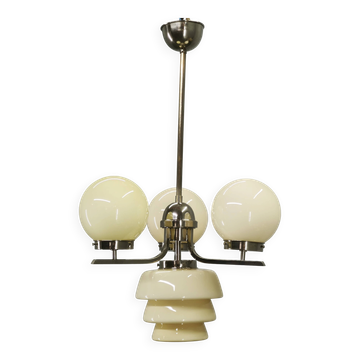 1930s Art Deco Cream Glass and Chrome Chandelier, Czechoslovakia