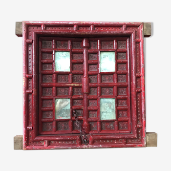 Traditional red decor wooden window, Pakistan, Punjab region