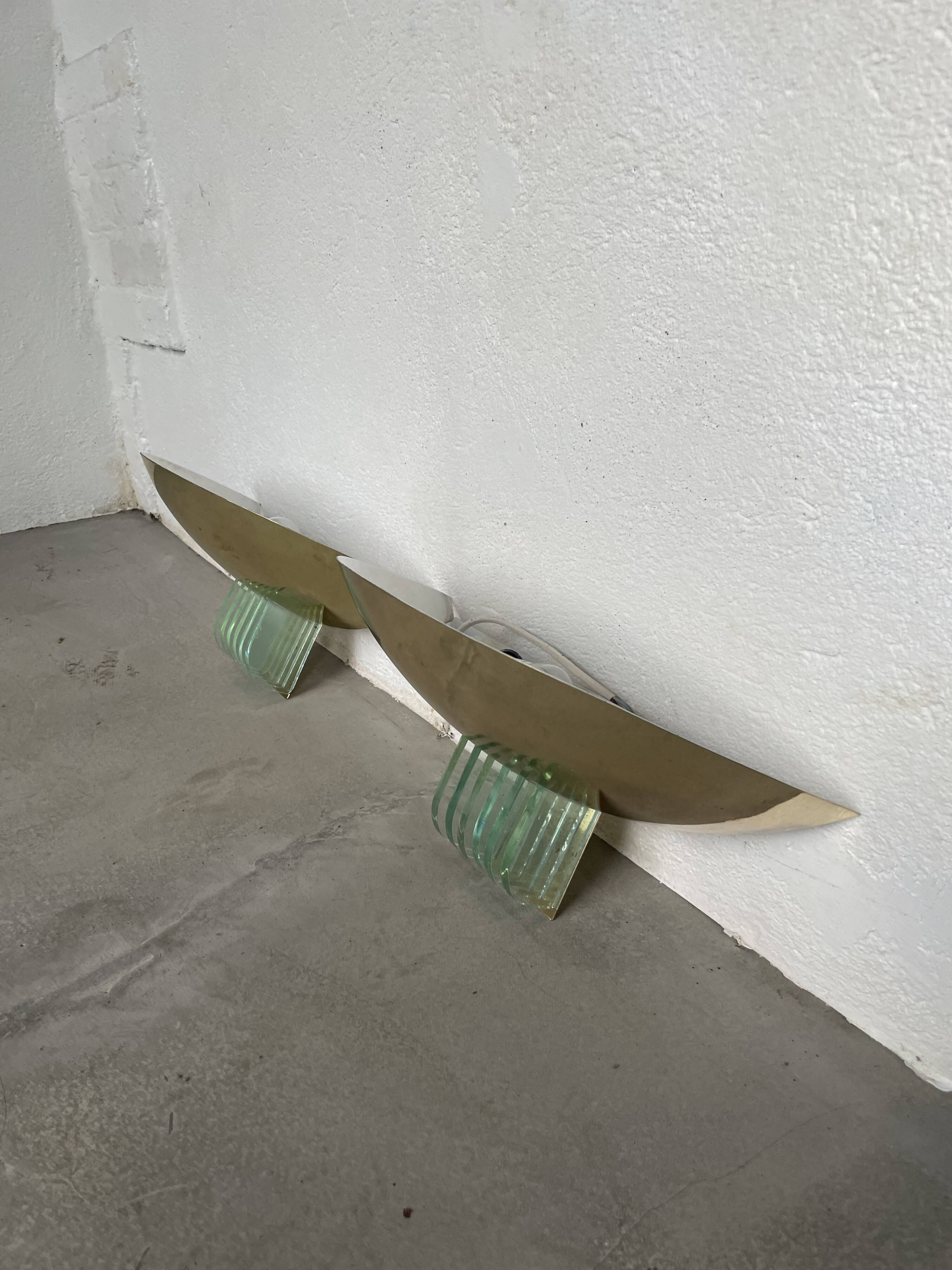 Pair of brass and art deco glass wall lights SCE