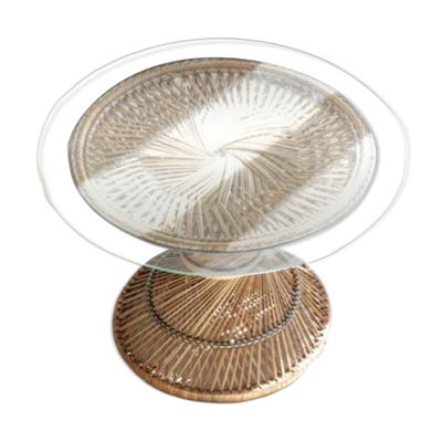 Table basse diabolo en rotin et plateau en verre