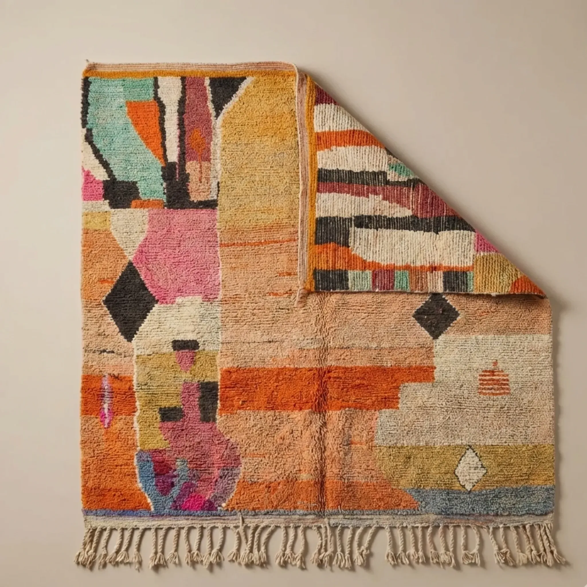 Moroccan handwoven wool rug in colour block peach, pink, teal, and orange, 122x183 cm.