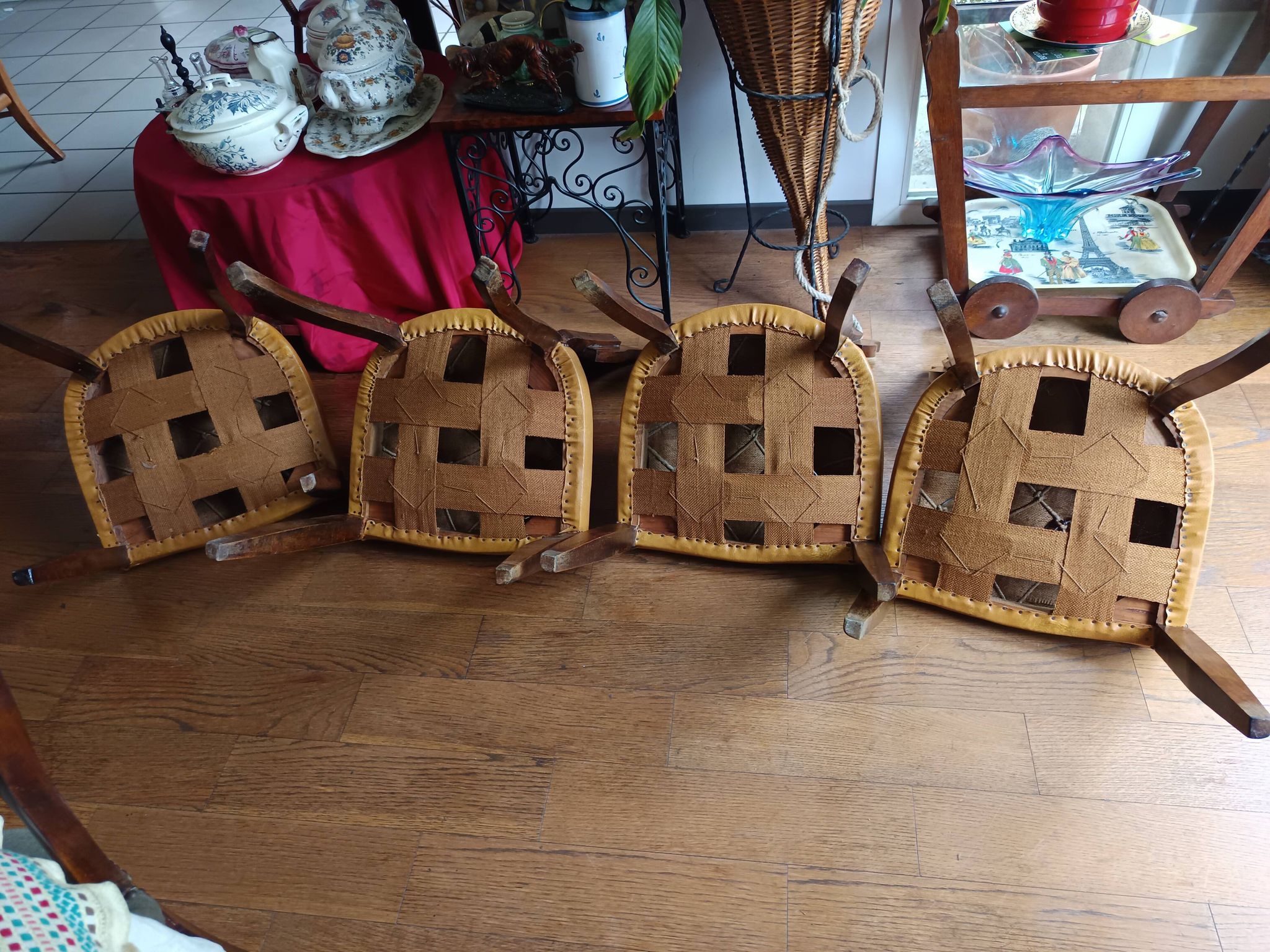 set of 4 vintage Art Deco chairs with carved wood and grape cluster design