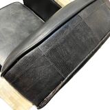 Pair of leather armchairs with marquetry armrests