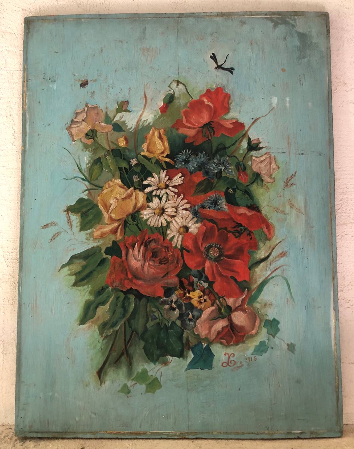 Tableau huile sur panneau bouquet début XXeme.