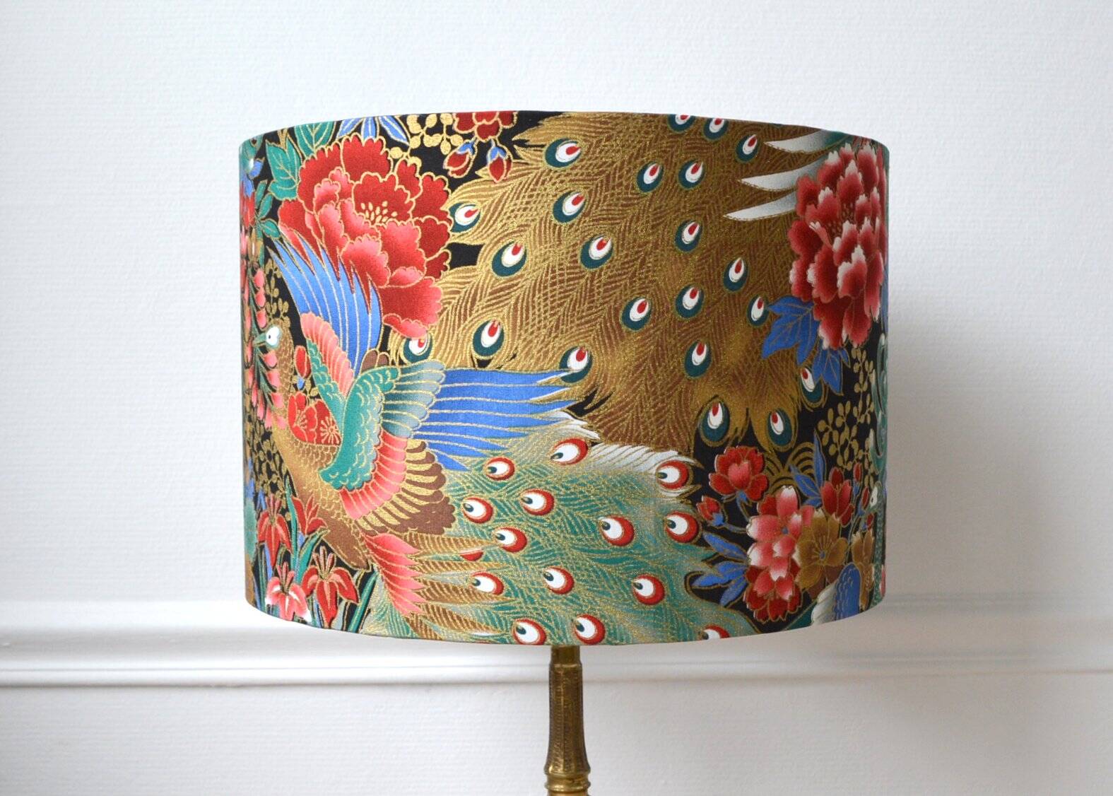 Jouy fabric lampshade, peacock, flowers, gold.