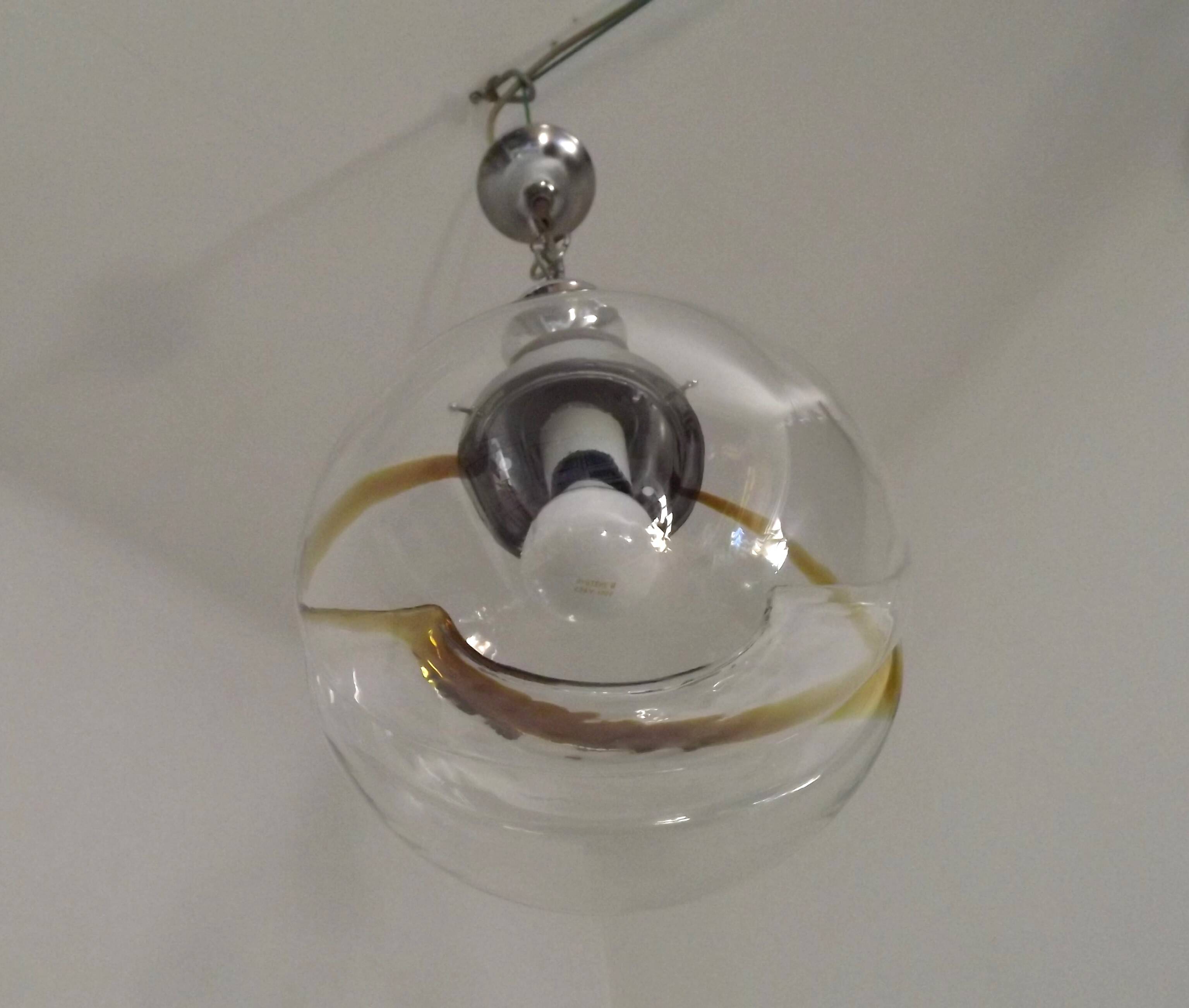 Vintage Murano Glass Globe Pendant Ceiling Light Amber Wave Mazzega Style