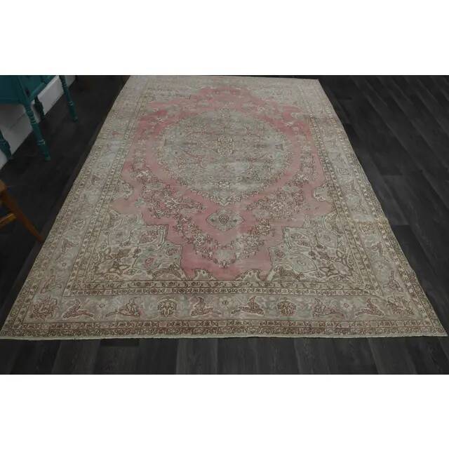 1970s Vintage Persian Handmade Wool Cotton Pink Area Rug 243x353