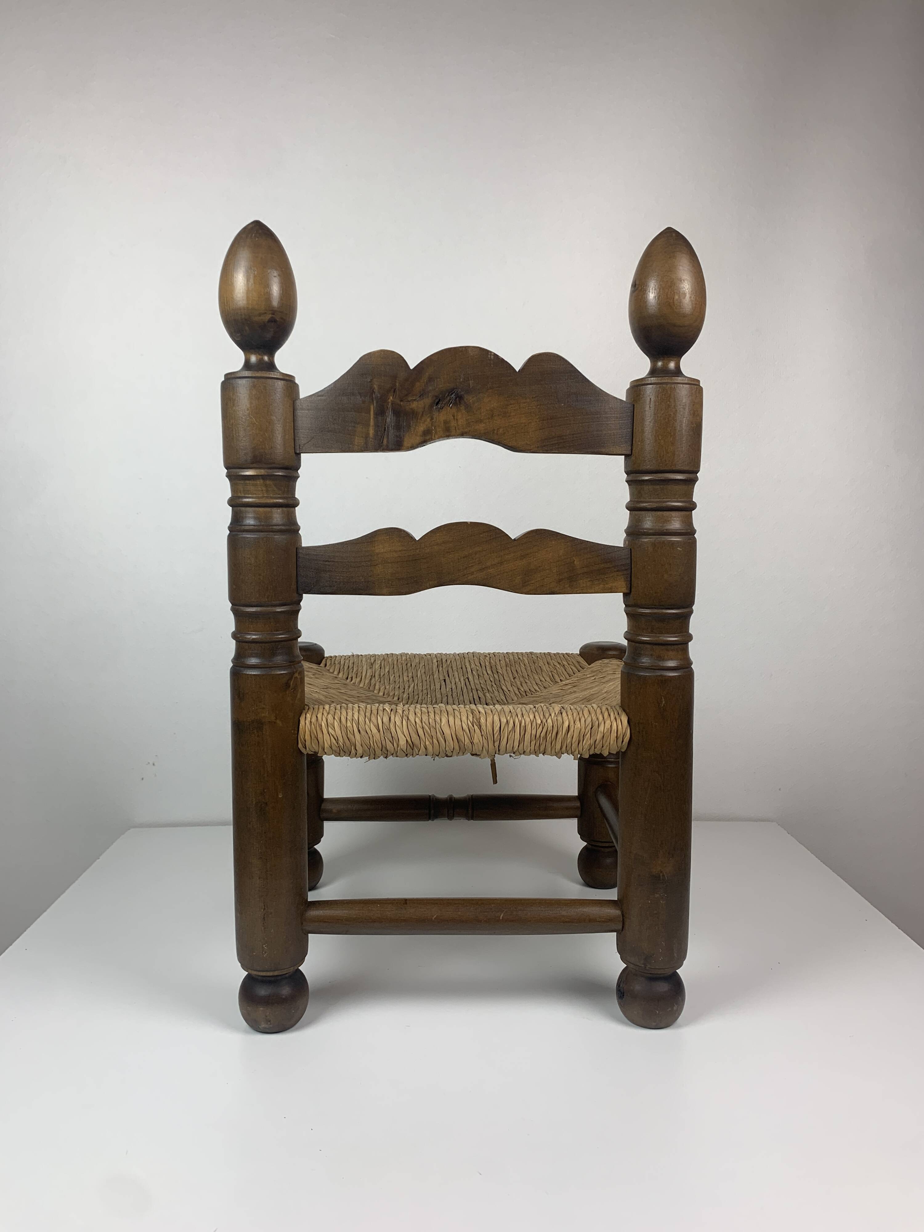 Wood Turned Bobbin Low Rush Chair in the manner of Charles Dudouyt, France, 1950s