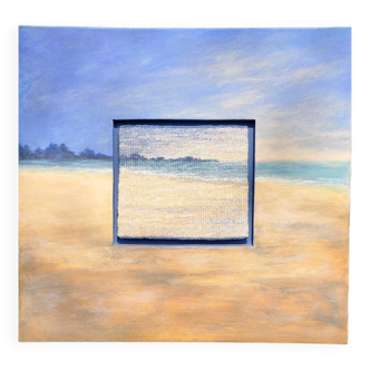 Mixed media painting signed Mireille Veauvy – acrylic and integrated tapestry