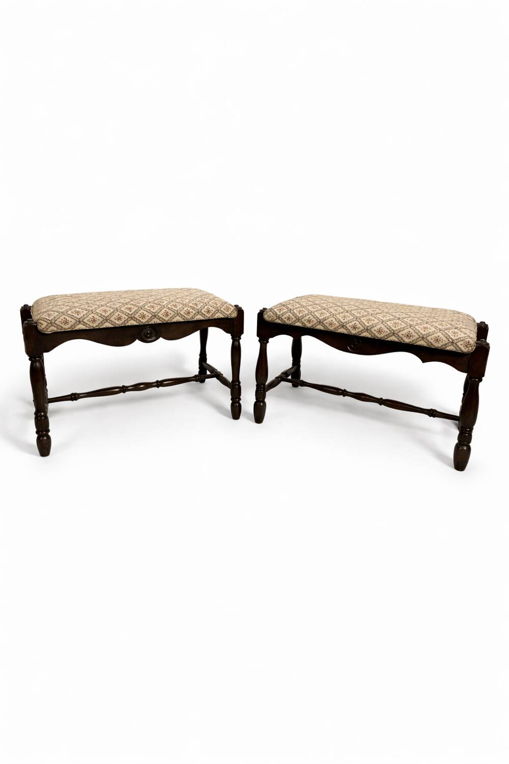 Pair of vintage solid oak stools / benches – English country style – M