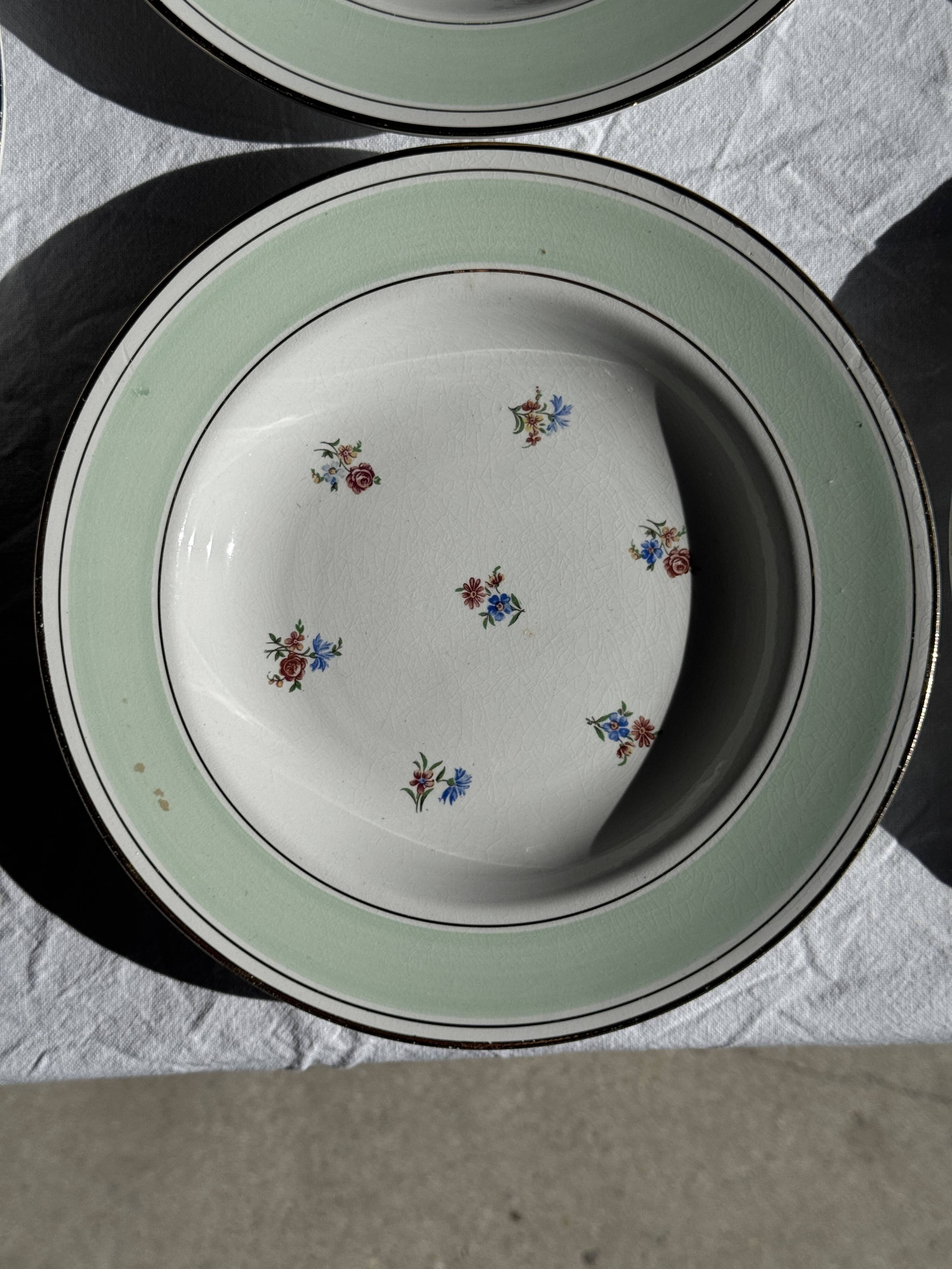 Set of 9 vintage turquoise deep plates with gold trim and pink flowers.