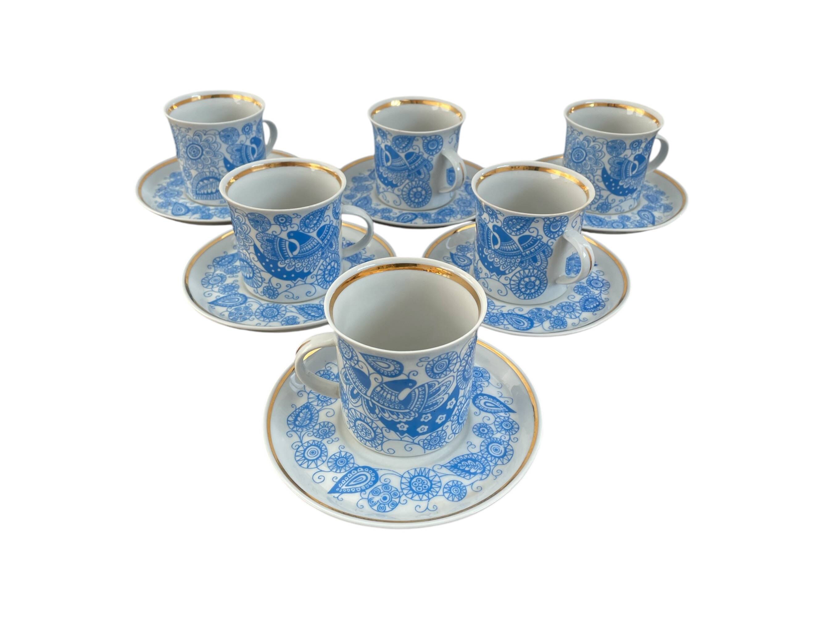 Coffee and tea set, vintage, stylized bird decor, retro, design, blue