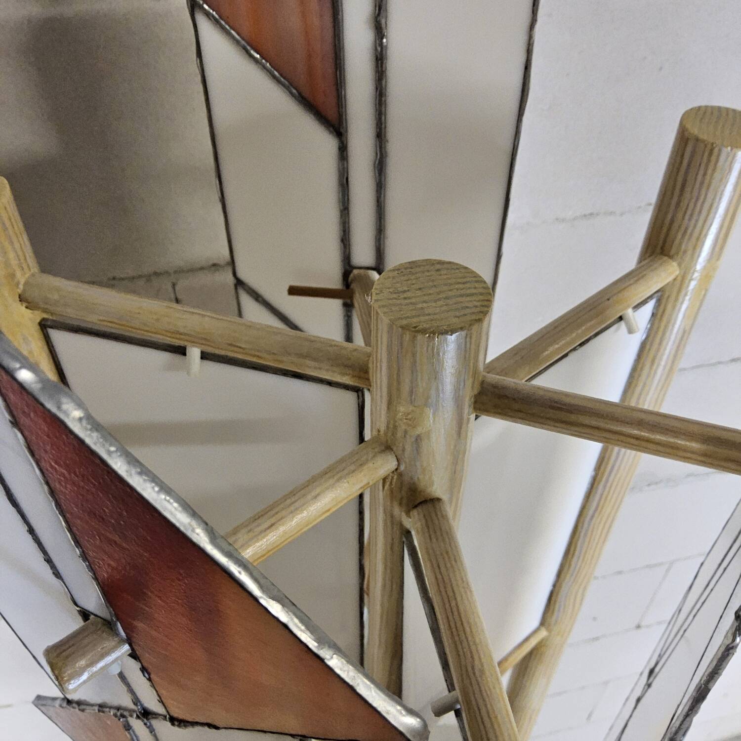 Pine wood floor lamp with handmade stained glass in Japandi style.