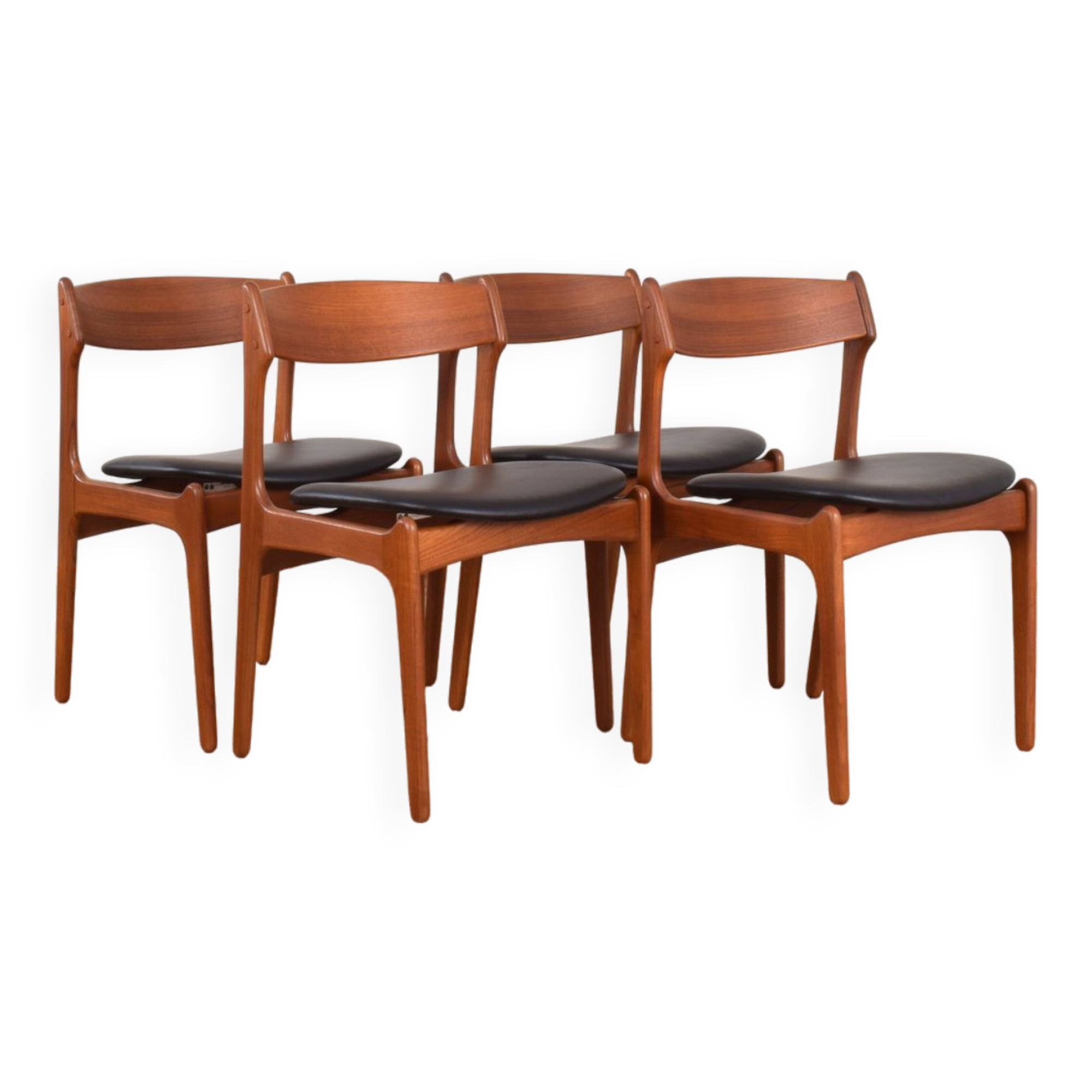 Mid-Century Danish Model 49 Teak & Leather Dining Chairs by Erik Buch for O.D. Møbler, 1960s.