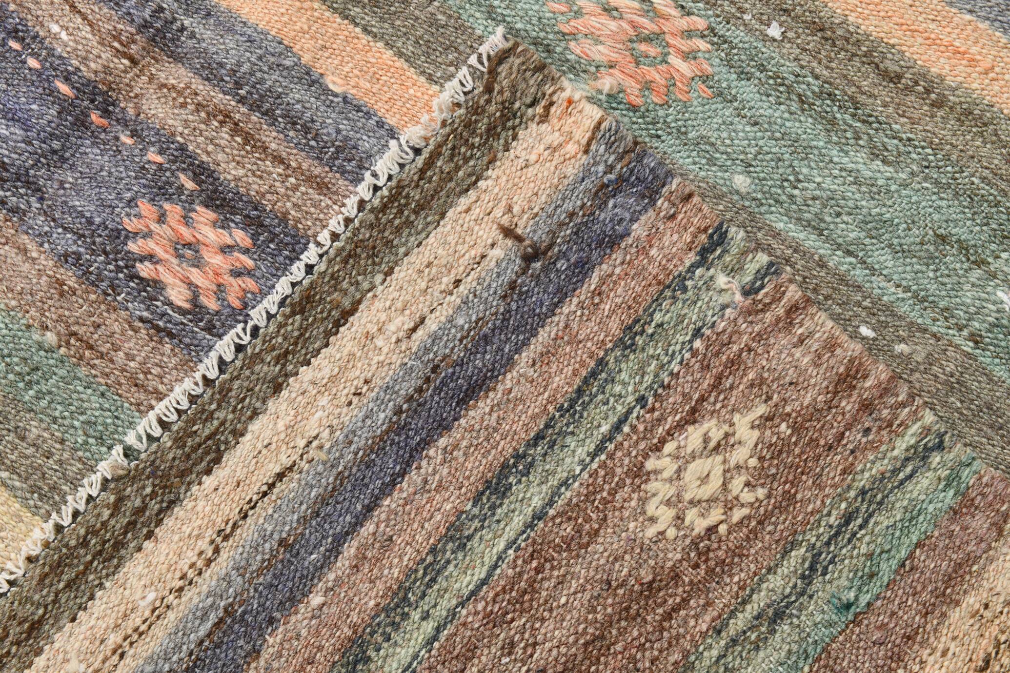 6x9 Gray & Green Striped Pattern Kilim Rug, 176x262Cm