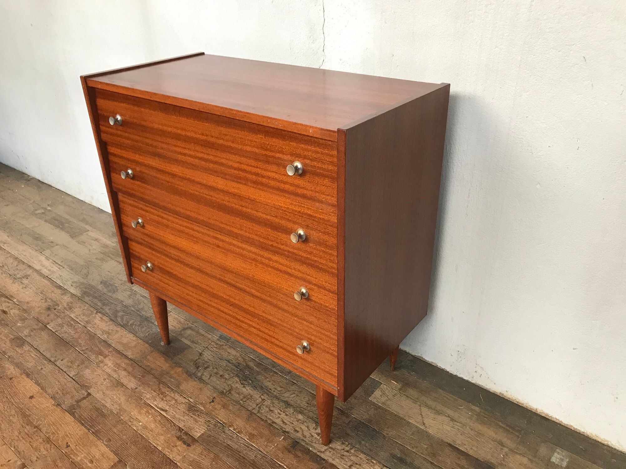 Scandinavian vintage chest of drawers with 4 exotic teak-style wooden drawers 1950 1960