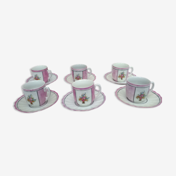 6 coffee cups in pink porcelain with floral decoration