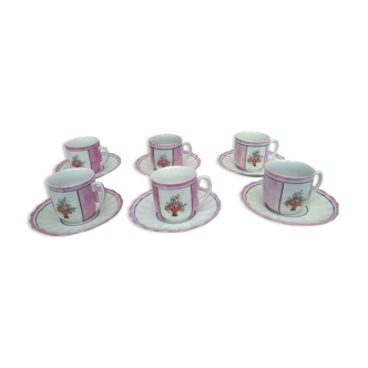 6 coffee cups in pink porcelain with floral decoration