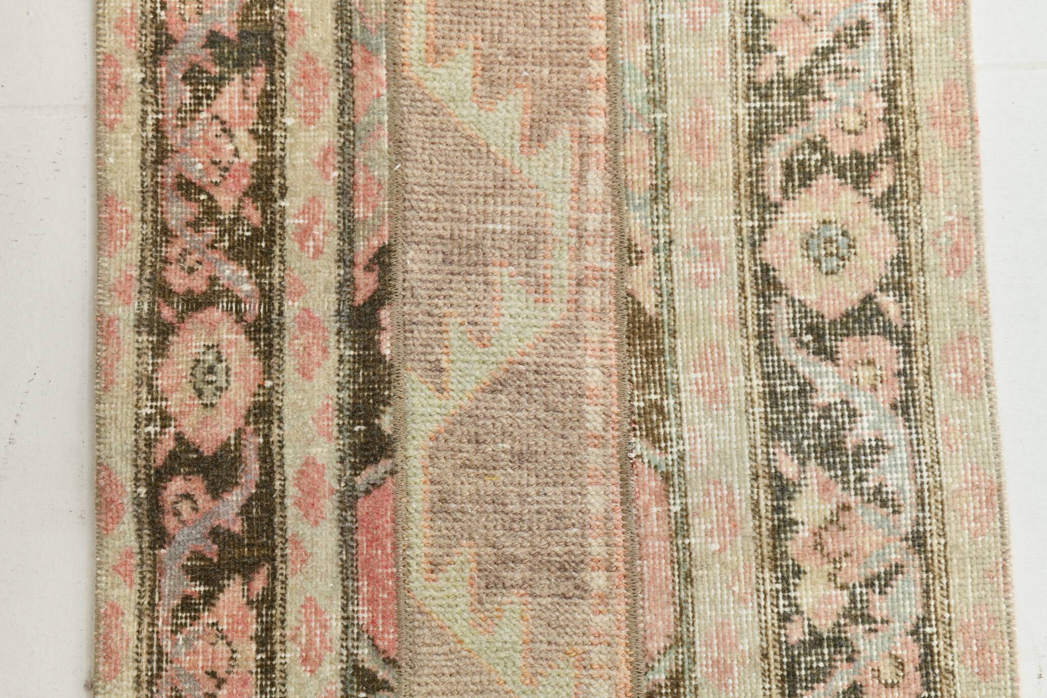 2x11 Dark Green & Beige Turkish Runner Rug, 55x338Cm