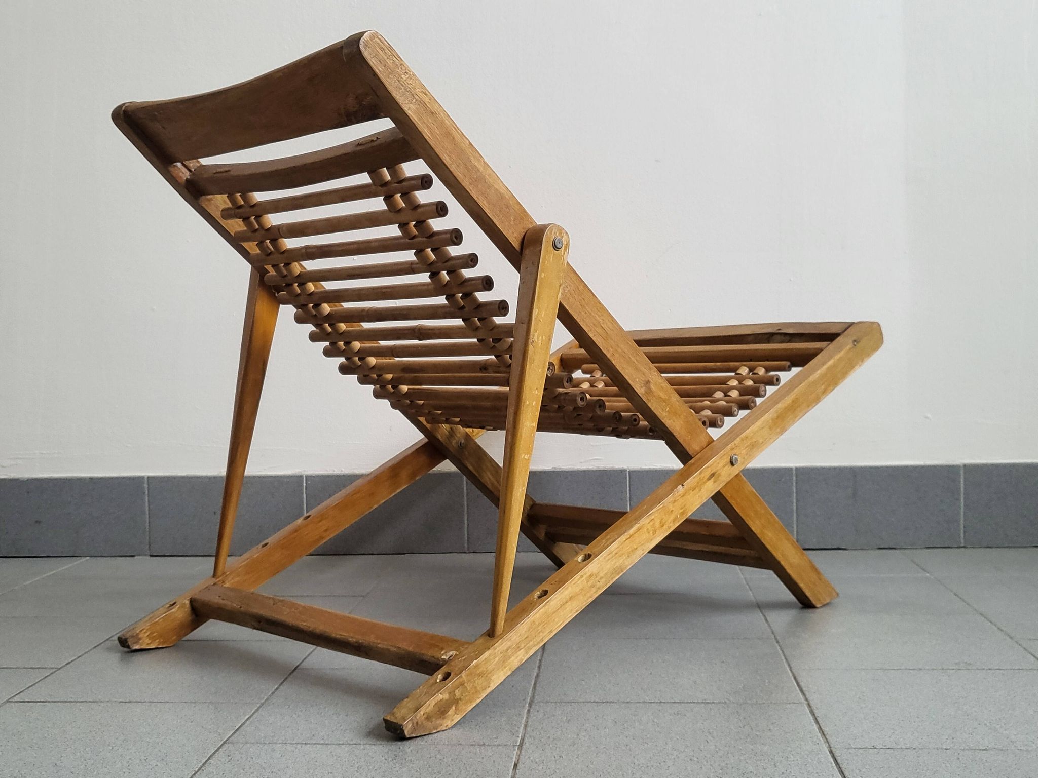 Chaise longue enfant en bambou & hêtre vintage 1950
